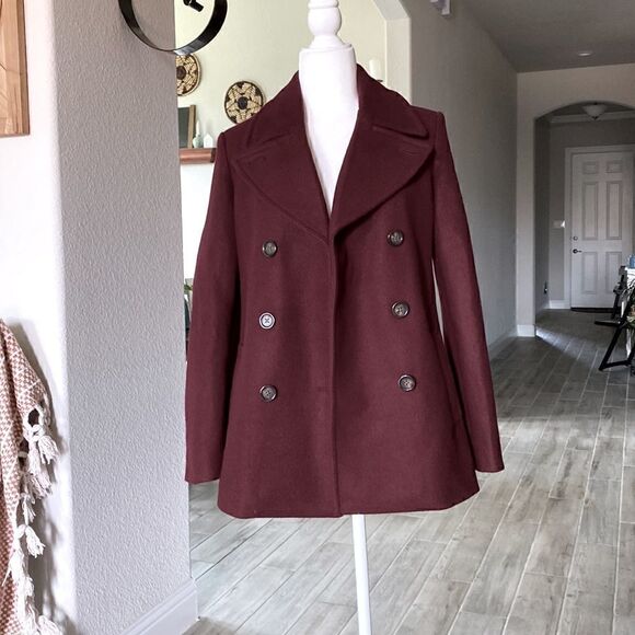 Old Navy Burgundy Wool Blend Pea Coat Pockets Collar S - Picture 5 of 10